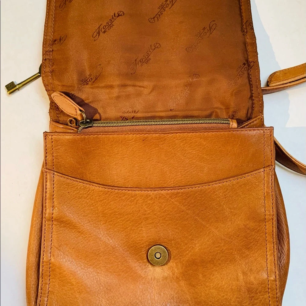 Fossil Tan Leather Crossbody Bag with Key Charm
